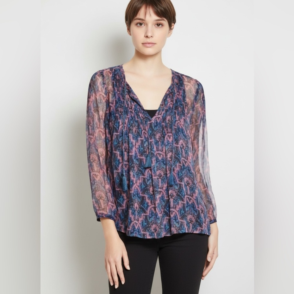 Joie Suzettea Blouse Sheer Silk Top Paisley Printed Blue Pink Peasant Top Medium